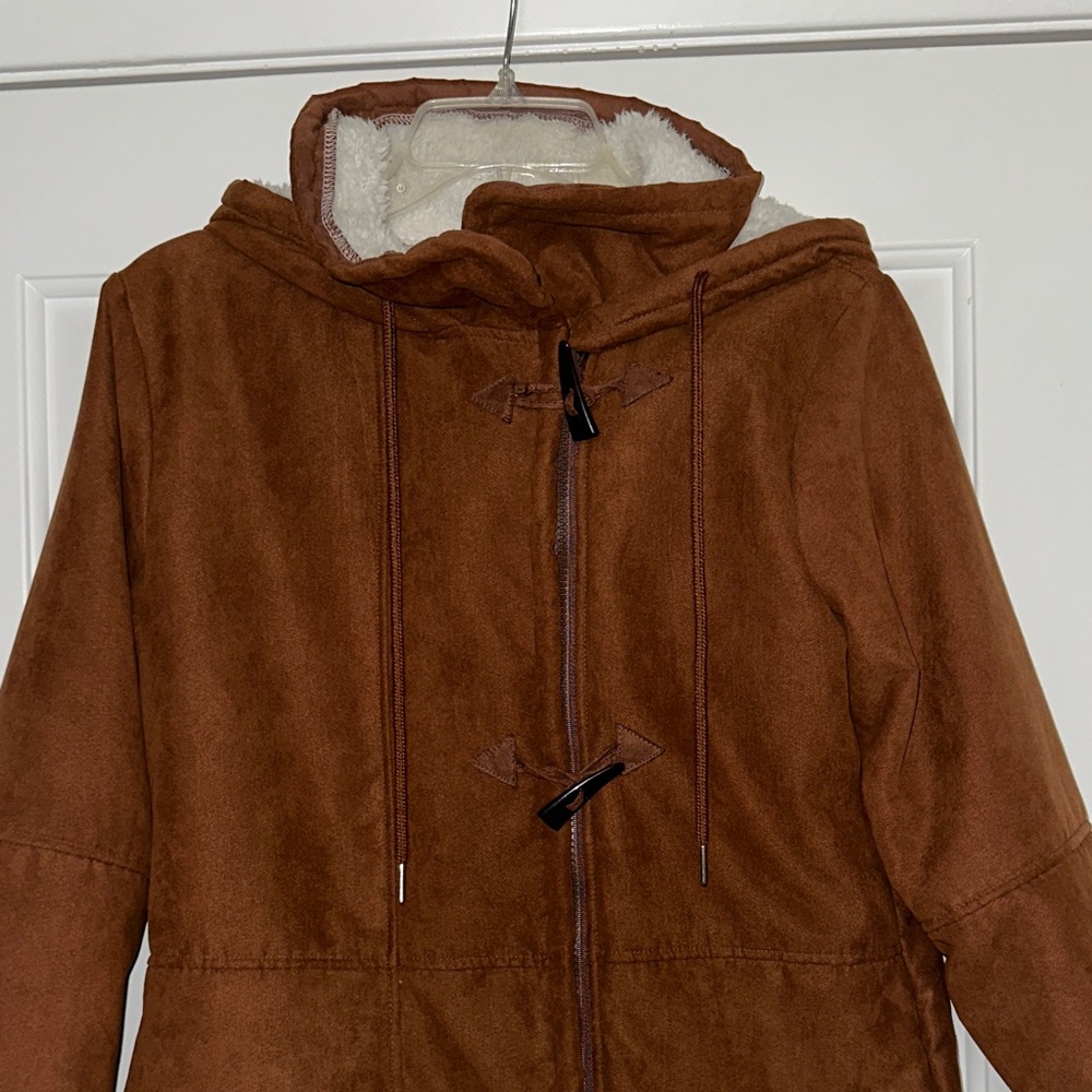Super Cute Brown Suede Hooded Toggle Coat